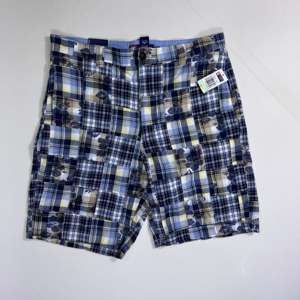 Chaps Mens 34x10 Patchwork Plaid Floral Shorts Blue Cotton NWT Coastal Casual